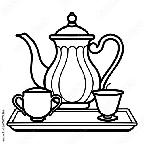 Elegant tea set with teapot and two cups on a tray in black and white outline on transparent background