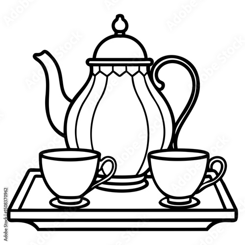 Illustration of a teapot and two teacups on a tray in a simple black outline on transparent background