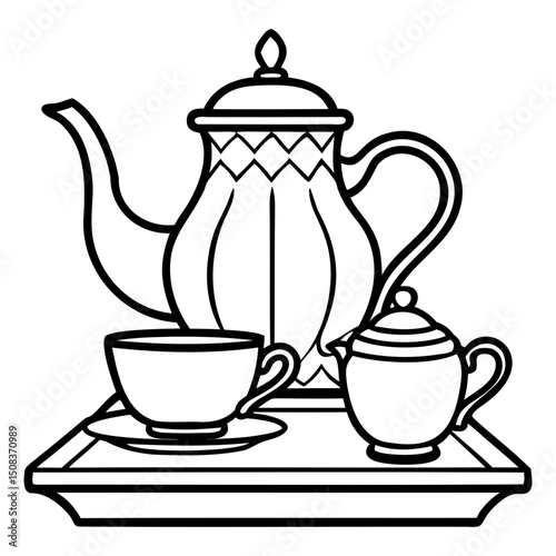 Illustration of a tea set with a teapot, sugar bowl, cup, and saucer on a tray on transparent background