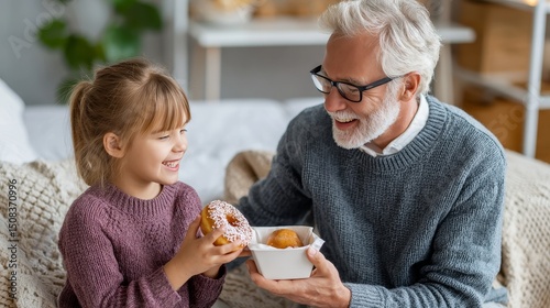 Elderly caucasian man sharing donuts with young caucasian girl at home