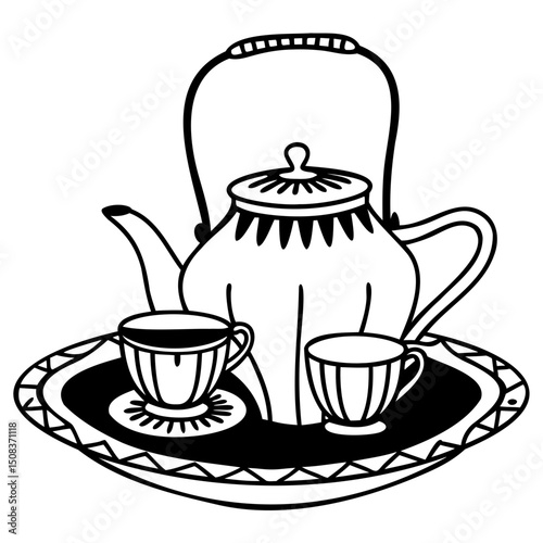 Illustration of a teapot with two teacups on a decorative tray in black and white on transparent background