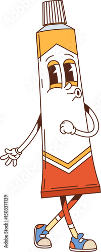 Cartoon groovy character of a medical tube in retro sneakers. Vector funny cream container shows expressive gesture with big eyes and crossed legs. Y2k hippie medicine personage with nostalgic emotion