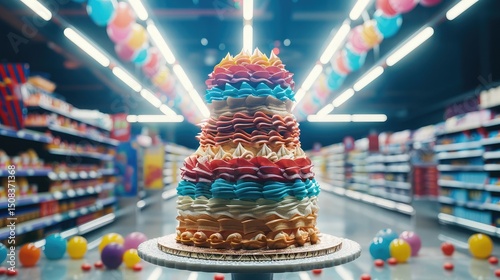 A multi-layered cake stands alone in a deserted supermarket, its bright frosting catching the fluorescent lights