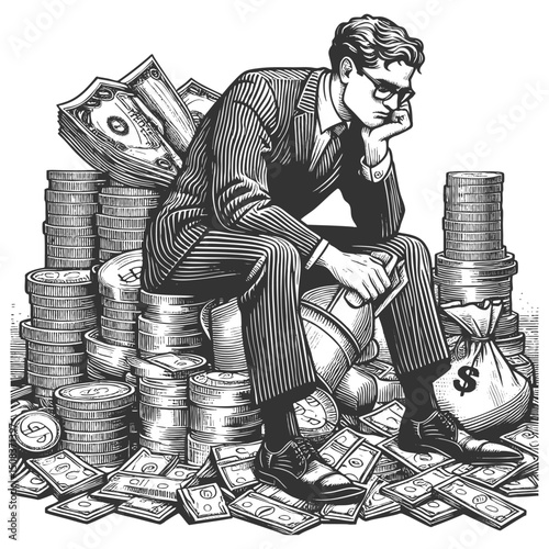pensive businessman sitting atop stacks of cash, symbolizing wealth, greed, or reflective success sketch engraving generative ai vector illustration. Scratch board imitation. Black and white image.