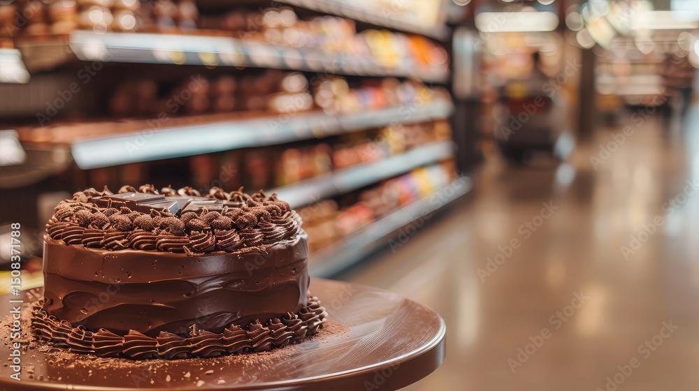 A rich chocolate cake is displayed on an empty supermarket table, a contrast to the stark, silent aisles A rich chocolate cake is displayed on an empty supermarket table, a contrast to the stark, silent aisles
