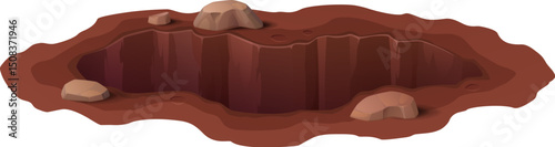 Cartoon ground hole, deep dirty pit and burrow. Construction site, soil erosion pit or earthquake natural disaster deep and muddy hole in ground, isolated vector animal burrow with stones on edges