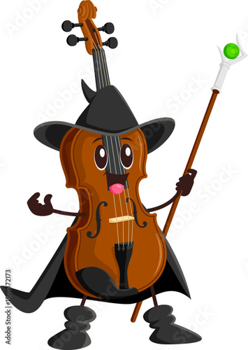 Cartoon Halloween violin music instrument mage or sorcerer character. Orchestra wizard happy mascot. Warlock musical instrument vector cute personage. Violin funny sorcerer character with magic staff