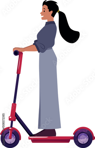 Active young woman riding electric walk scooter, vector cartoon female character driving ecological urban transport