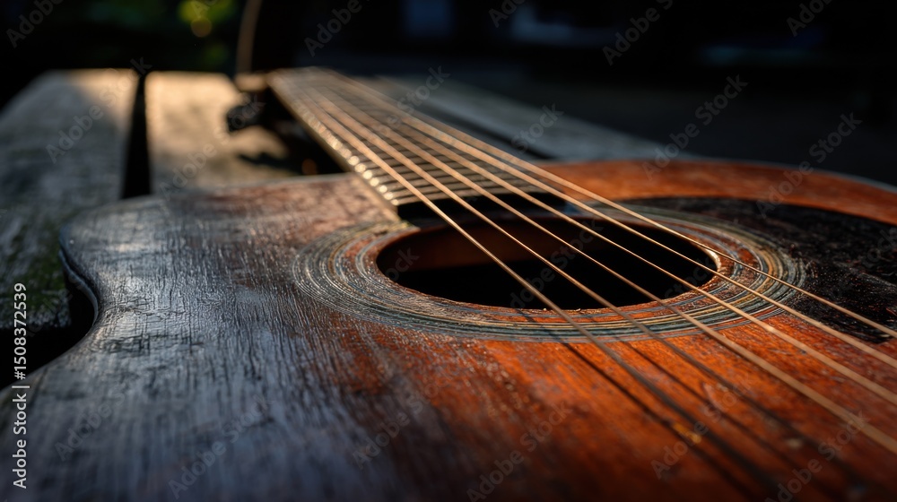 Obraz premium Close-up of a well-loved acoustic guitar with rich brown wood grain and slightly worn texture, resting on a wooden surface. Strings prominently in focus stretch across the circular soundhole with a de