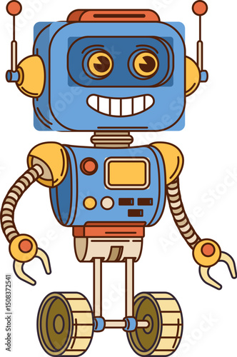 Groovy robot or retro droid cartoon character on wheels with funny face, vector robotic bot. Comic groovy robot with antenna, mechanical arms and happy smile as cyborg droid retro cartoon character