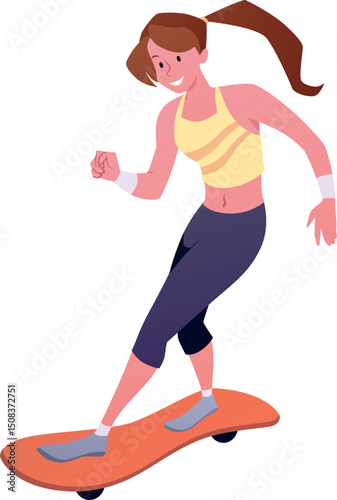 Girl riding a skateboard or longboard, teenager doing a trick on skateboard, vector cartoon extreme sport, ECO lifestyle