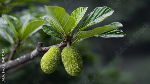 Twin jackfruits dangle from lush branches, embodying tropical abundance and echoing Southeast Asian harvest festivals and food rituals photo