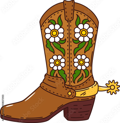 Cowboy boot groovy western, wild west hippie item. Isolated vector rugged leather footwear, features high, angled heel, pointed toe, spur and floral pattern, embodying American ranch frontier spirit