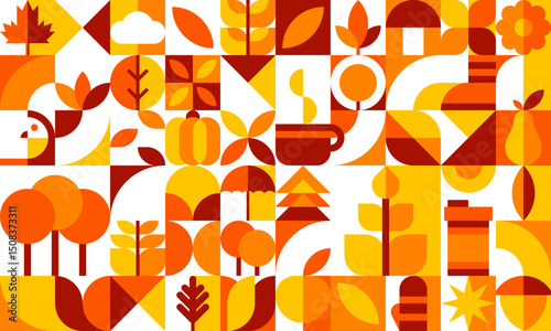 Autumn season and thanksgiving geometric pattern with leaves, pumpkins, coffee cup and trees. Vector mosaic tile background in fall colors with seasonal harvest, thanksgiving elements and nature motif