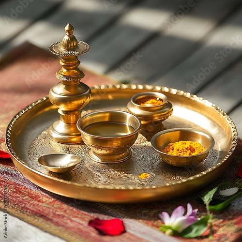Gold-colored ceremonial platter with various vessels.