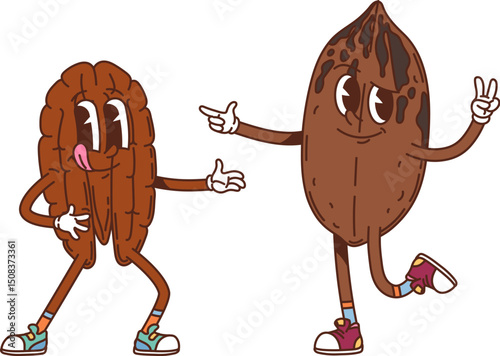 Cartoon groovy pecan nut and seed characters. Vector retro personages with quirky expressions and vintage hippie shoes, capture a funky and playfuly2k vibe of friendship, celebration, and happiness