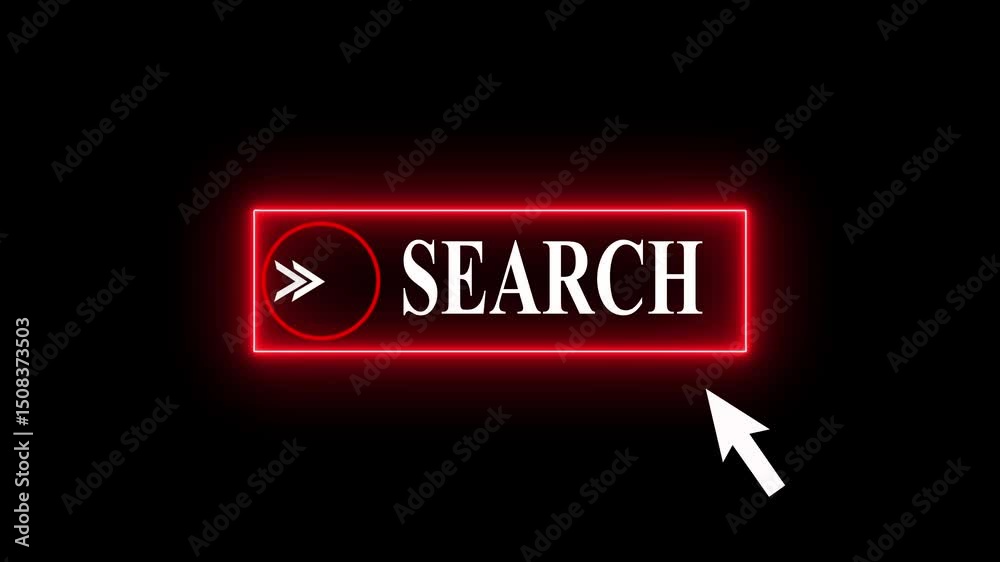 Glowing neon line mouse cursor animation pointing towards search button in looping with transparent background. up and down on search arrow text arrow moving