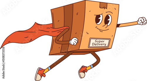 Cartoon groovy delivery cardboard box superhero character. Vector post service or express shipping retro personage wearing red cape and sneakers. Isolated funny parcel, pack flying with confidence