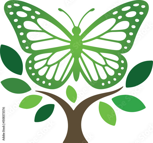 Green butterfly perched on a lush tree with varied green leaves, symbolizing nature, growth, and eco-friendliness.