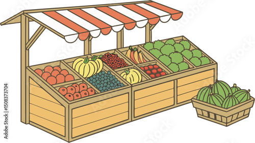 Vector illustration of a farmer's market stall filled with an assortment of fruits, vegetables, and other fresh produce