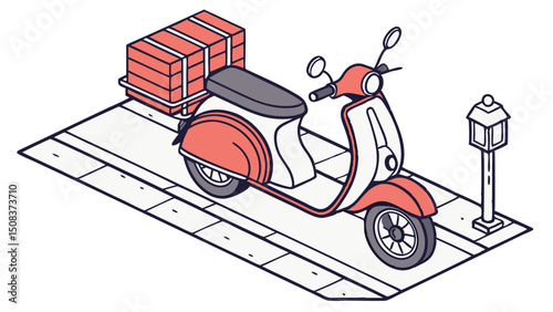 Vector illustration of a modern food delivery scooter loaded with boxes and designed with detailed mechanical parts