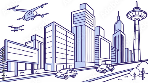 Vector illustration of a futuristic smart cityscape featuring tall skyscrapers, advanced transport systems, and technology