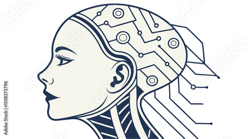 Vector illustration of a futuristic AI humanoid face blending human features with digital circuits and abstract design