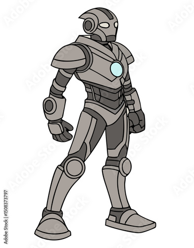 Vector illustration of a humanoid robot standing upright with mechanical joints and futuristic design elements