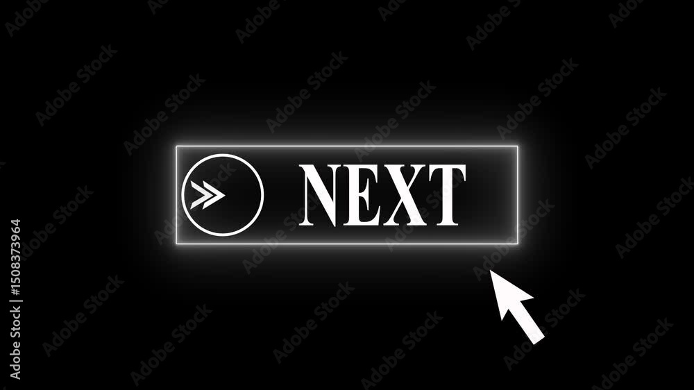 Glowing neon line mouse cursor animation pointing towards next button in looping with transparent background. Up and down arrow on next arrow text dollar