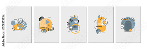 Abstract geometric posters with shapes, memphis figures and color elements. Vector modern art backgrounds with trendy modern or retro simple geometric shapes and pattern figures