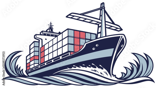Vector illustration of a large cargo ship carrying containers on deck, with detailed mechanical elements and ocean background