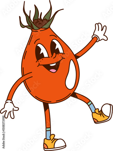 Retro groovy hippie rosehip berry character. Isolated cartoon vector cool red rose hip personage wearing vintage sneakers,happily dancing with a mischievous smile, exuding laid back funky y2k vibe