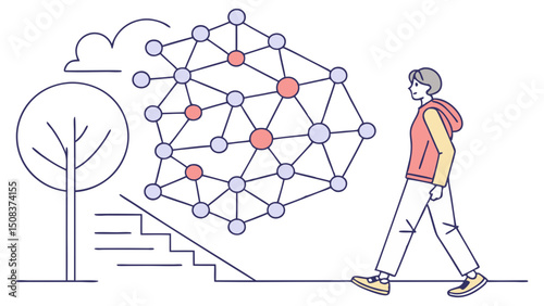 Vector illustration of a neural network visualization showing connections between nodes and a person observing