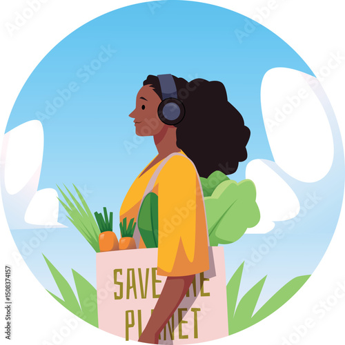 Woman carries biodegradable bag with vegetables, ECO lifestyle, organic vegan food vector flat illustration in round