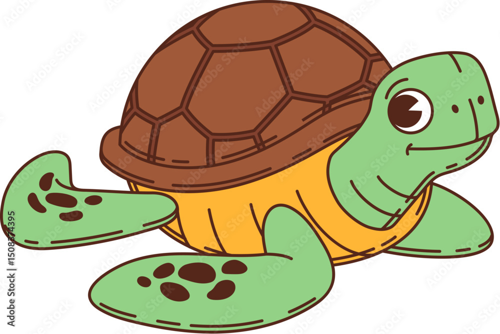 Obraz premium Retro cartoon groovy kids toy turtle character with funny face, vector personage. Groovy toy or sea turtle and underwater animal with cute muzzle face for kids toy character and comic cheerful emoji