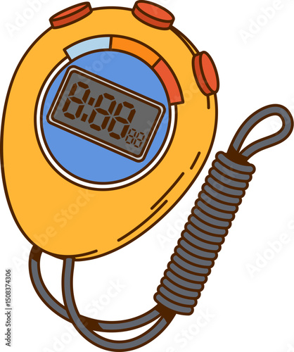 Cartoon groovy vector yellow sports stopwatch with red buttons coiled cord and digital display. Isolated Y2K vintage sport equipment for time management, tracking, timekeeping in athletics activities