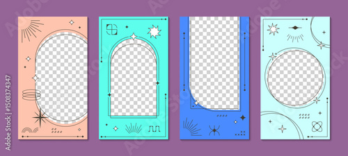 Y2K frame poster templates with abstract line shapes, stars and modern elements, vector backgrounds. Y2K poster or story post templates with frame of aesthetic shapes, pastel colors or trendy figures