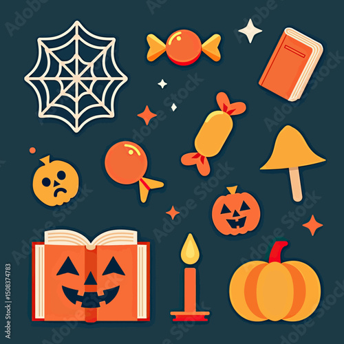 Flat lay Halloween composition with cute spooky elements like pumpkin, cobweb, candlelight, sweets, and grimoire in modern minimal vector style
