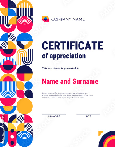 Abstract geometric appreciation certificate template background, retro diploma vertical layout. Vector stylish recognition and honor frame. Award document with vibrant colors, shapes and patterns