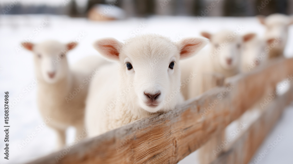 Fototapeta premium Close-up of cute woolly lambs standing behind wooden fence in snow