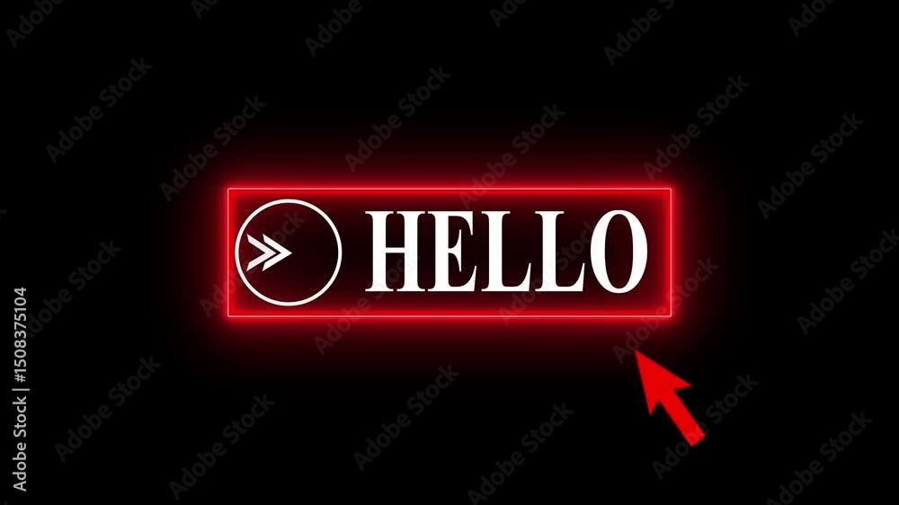Glowing mouse cursor animation pointing towards Hello button in looping with transparent black background. arrow moving on Hello text up down