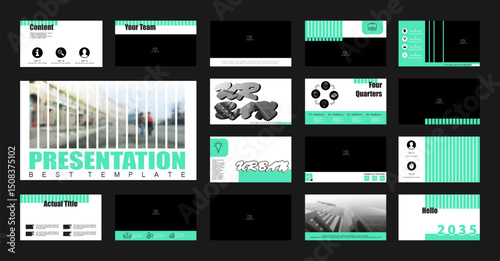 Business presentation template. Set, infographic design elements, black background. Flyer, postcard, people, office work, powerpoint, banners. Slide show brochures, annual report. Vector illustration