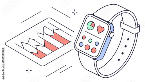 Vector of smart wearable device analyzing data in real-time, featuring futuristic screen graphics and health tracking capabilities