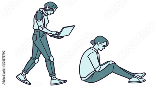 Vector illustration of an AI virtual assistant aiding human users via digital device in outdoor scene, emphasizing support and technology integration