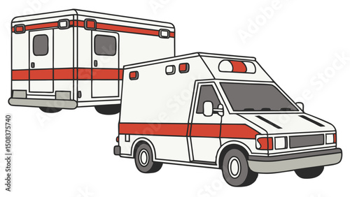 Vector of a red and white ambulance van driving with emergency lights on, symbolizing healthcare transport and medical emergency response