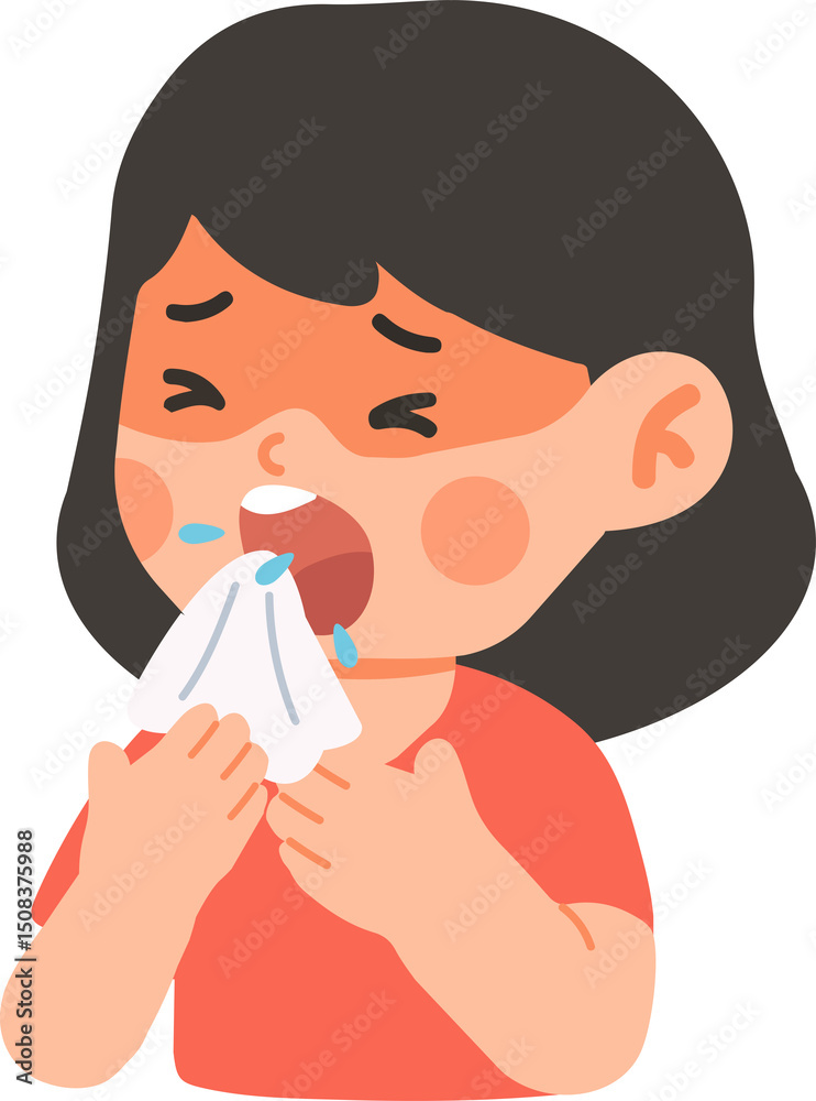 Cartoon Illustration of Sick Girl Sneezing Cartoon Illustration of Sick Girl Sneezing