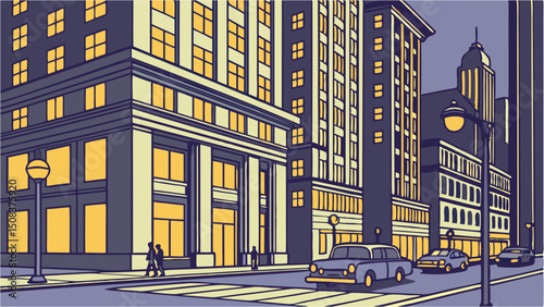A detailed vector of an urban cityscape at night with lit buildings, shops, and glowing windows capturing metropolitan life and evening ambiance