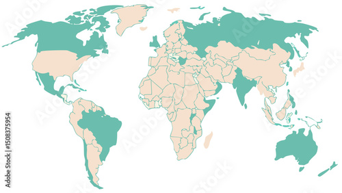A detailed watercolor world map vector with pastel shades representing continents and borders in a clean layout with decorative style