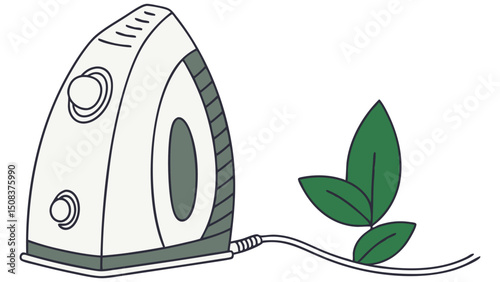A flat vector of a sleek modern air purifier with minimalist design, soft tones and surrounding leaves representing clean air and freshness
