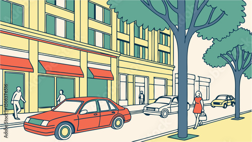 A lively busy urban street filled with moving cars, pedestrians, and tall city buildings in the background